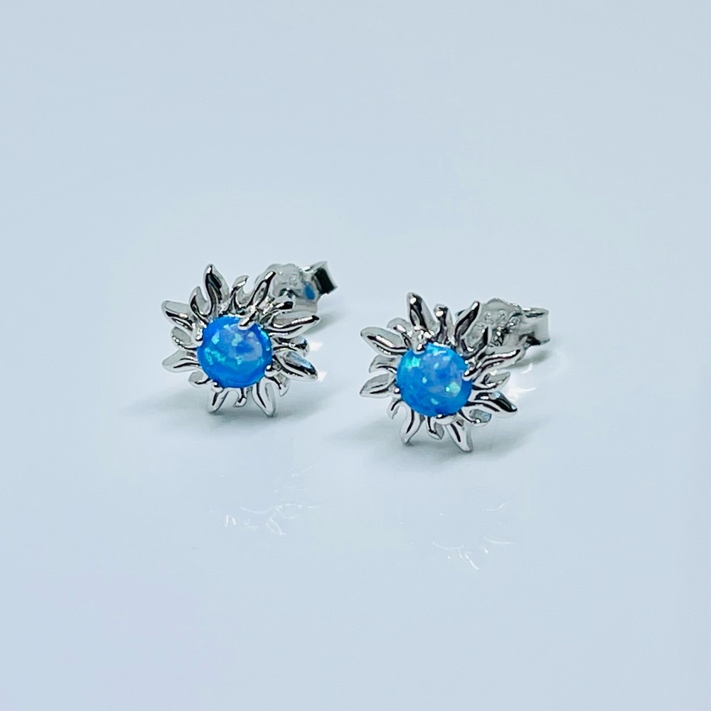Sterling Silver Blue Lab Opal Blazing Sun Earrings, Silver Stud Earring, Sunny